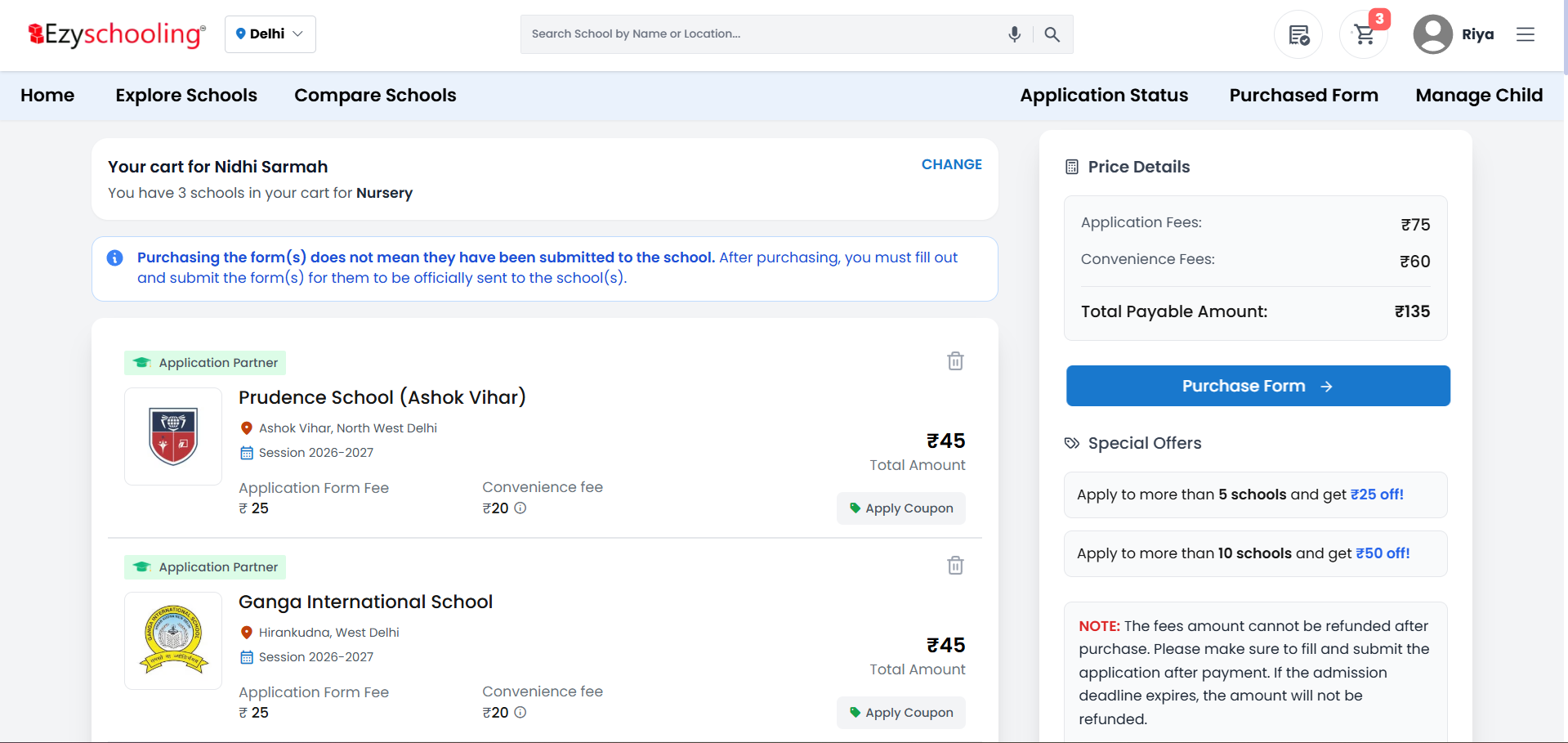 Purchase Form to Apply via Ezyschooling